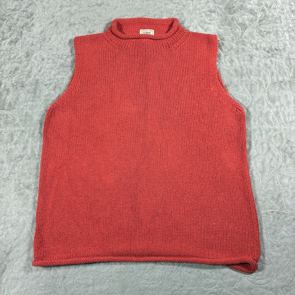 LL Bean Women's Roll Neck Sweater Vest Size XL Coral Red Silk Cotton Fisherman